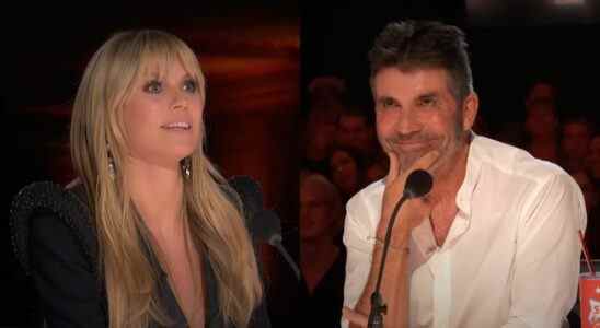 Left: Heidi Klum looking shocked on AGT. Right: Simon Cowell smrking in a white button down on America