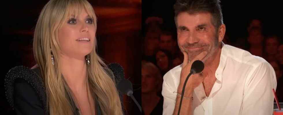 Left: Heidi Klum looking shocked on AGT. Right: Simon Cowell smrking in a white button down on America