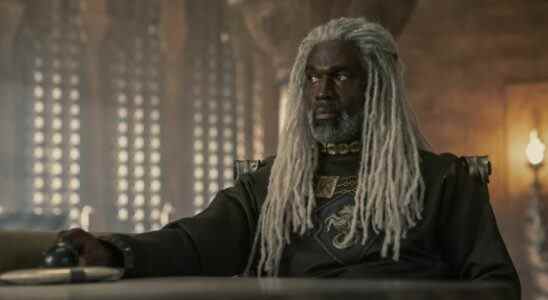 Steve Toussaint as Lord Corlys Velaryon sitting during House of the Dragon
