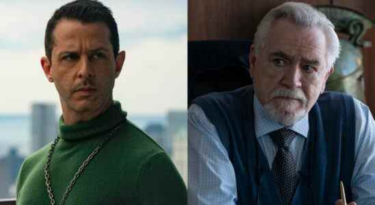Left: Jeremy Strong as Kendall Roy in Succession, standing in a green shirt. Right: Brian Cox sitting at a desk as Logan Roy on Succession.