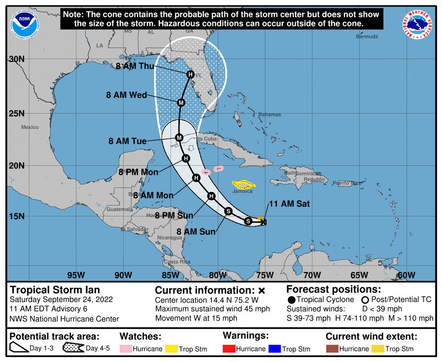 Prévisions sur cinq jours pour la tempête tropicale Ian à partir de 11 h HE (15 h 00 UTC) samedi.