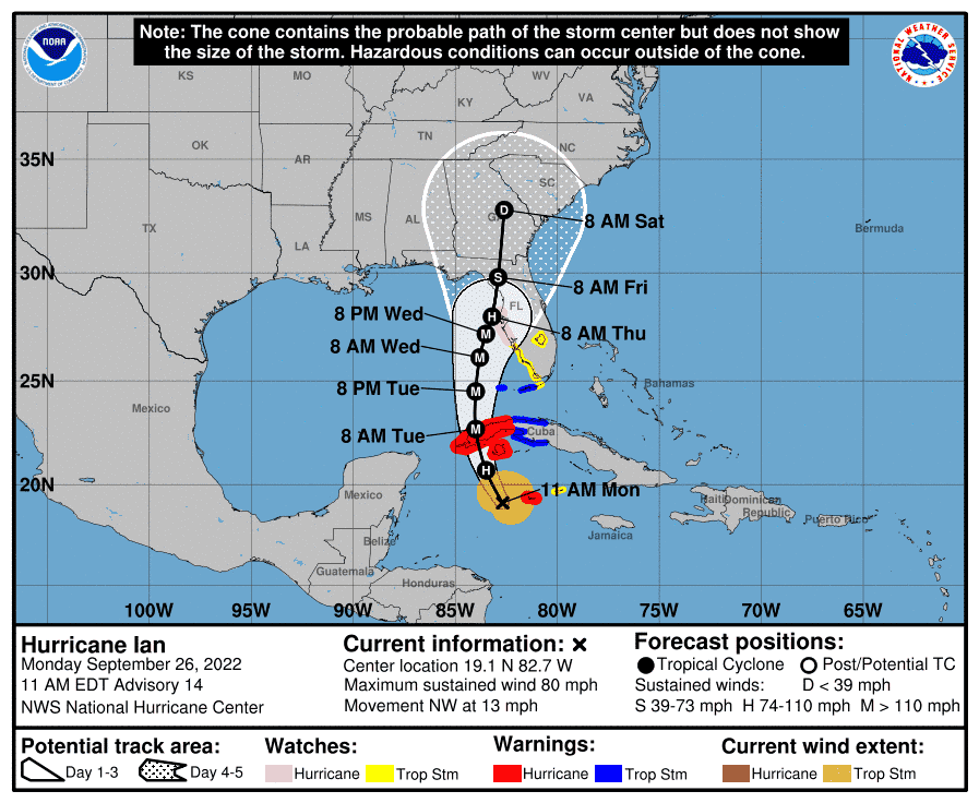 Prévisions de trajectoire pour l'ouragan Ian à partir de 11 h HE le 26 septembre. 