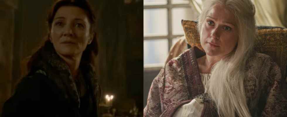 Catelyn Stark at the Red Wedding in Game of Thrones and Queen Aemma in House of the Dragon