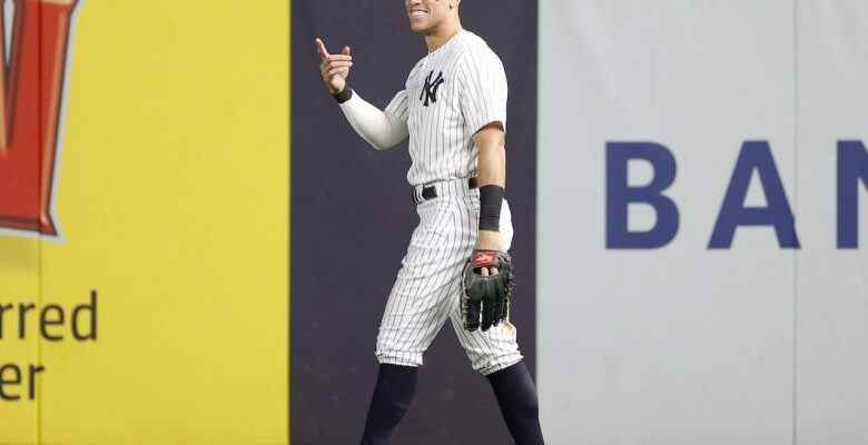 NEW YORK, NEW YORK - SEPTEMBER 22: Aaron Judge #99 of the New York Yankees reacts after making an out with a throw to second during the ninth inning against the Boston Red Sox at Yankee Stadium on September 22, 2022 in the Bronx borough of New York City. The Yankees won 5-4. (Photo by Sarah Stier/Getty Images)