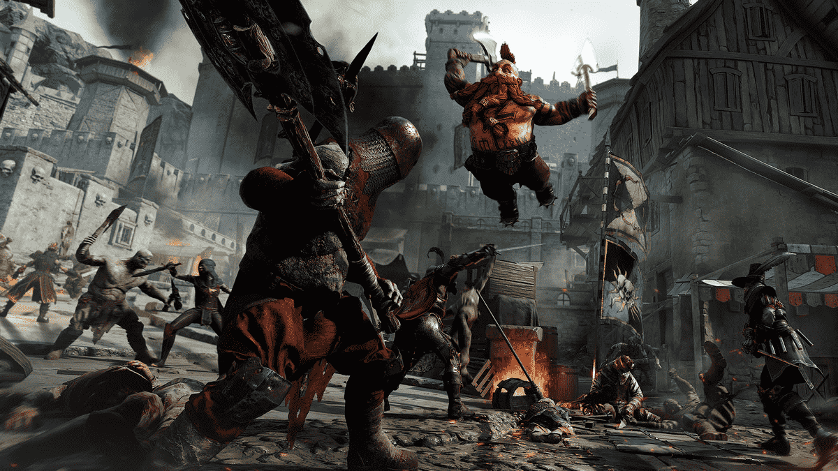 Warhammer: Vermintide 2 - un tueur nain attaque impitoyablement un soldat du Chaos avec deux haches au milieu d'une bataille passionnée dans une ville fantastique.