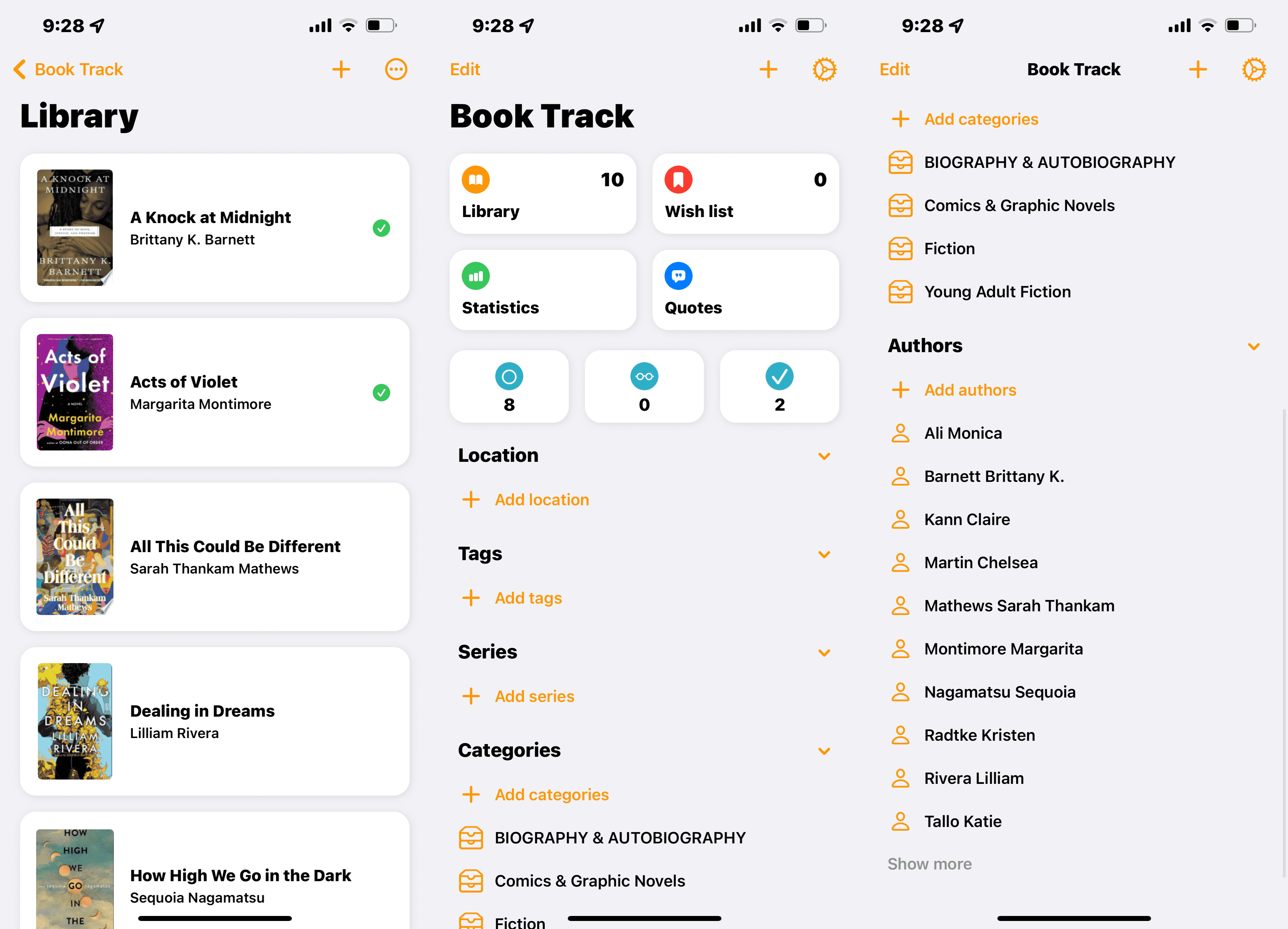 3 captures d'écran de l'application Book Track montrant des livres dans le catalogue, l'écran d'accueil et l'écran des catégories. 