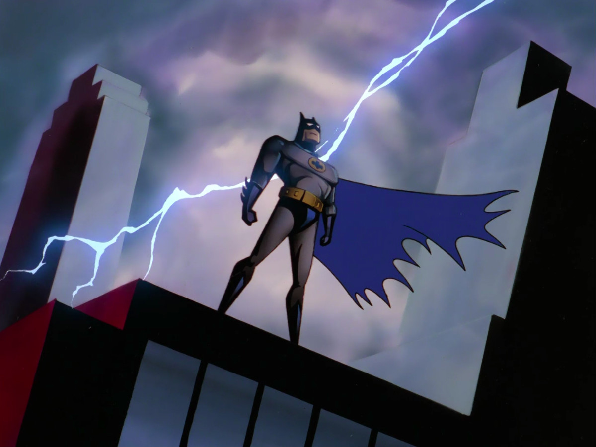 Image de Batman debout sur un bâtiment avec un éclair en arrière-plan de la séquence thématique de Batman : la série animée.