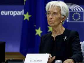 La présidente de la Banque centrale européenne, Christine Lagarde, lors de l'audition de la commission des affaires économiques et monétaires du Parlement européen à Bruxelles.