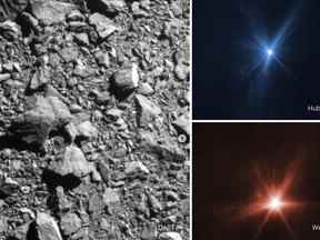 Cette combinaison d'images fournies par la NASA montre trois vues différentes de l'impact du vaisseau spatial DART sur l'astéroïde Dimorphos le lundi 26 septembre 2022.