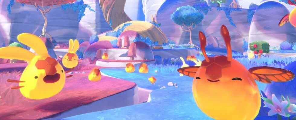 Bunny and butterfly-themed slimes luxuriate in the pastel environs of rainbow island.