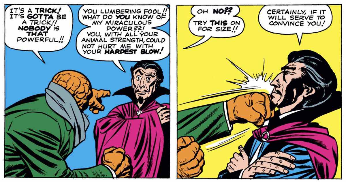 Le Miracle Man, masqué et bouc un peu comme Dracula ou Doctro Strange utilise l'hypnotisme pour... survivre à un coup de la Chose ?  Je suppose.  Dans Les Quatre Fantastiques #3 (1961). 