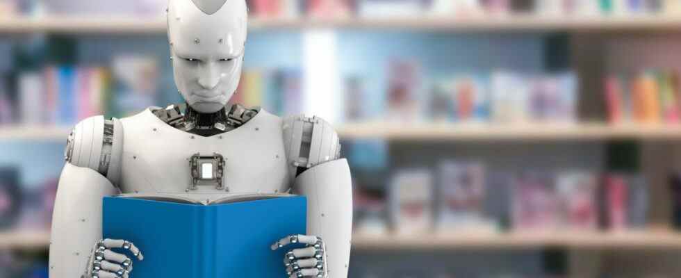 A robot reading a book in a library.