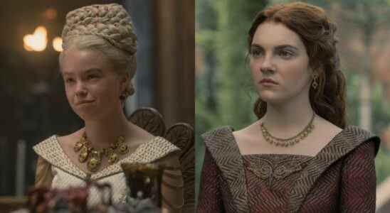 Left: Milly Alcock as Rhaenyra sitting at a table during a feast. Right: Emily Carey as Alicent Hightower standing outside in House of the Dragon.