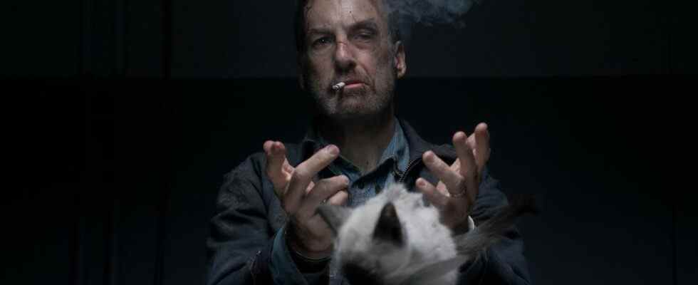 Bob Odenkirk smoking cigarette with cat in front of him in Nobody