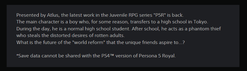 État de sauvegarde de Persona 5 Royal PS5 