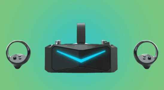 The Pimax 12k qled vr headset front on on a green and blue gradient background