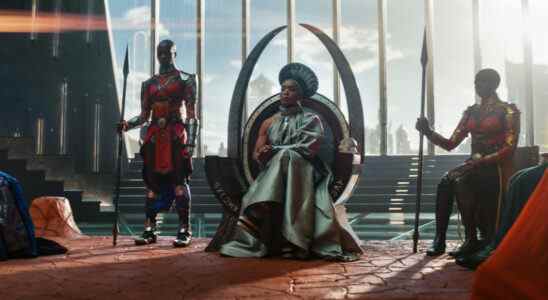 (L-R): Dorothy Steel as Merchant Tribe Elder, Florence Kasumba as Ayo, Angela Bassett as Ramonda, Danai Gurira as Okoye in Marvel Studios' Black Panther: Wakanda Forever