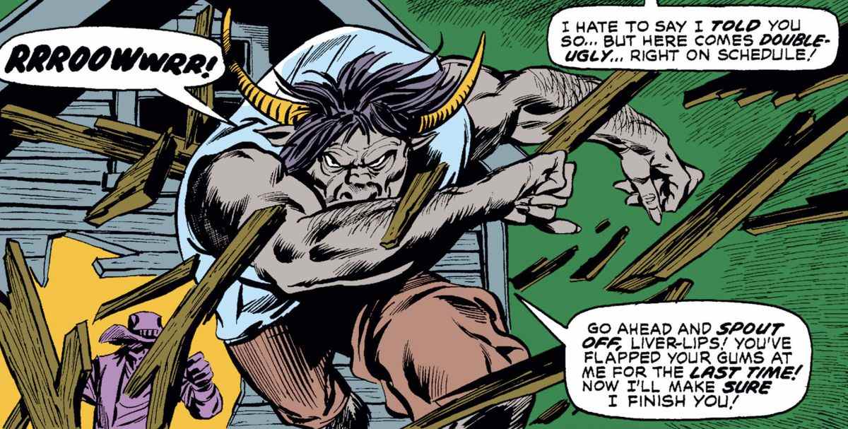 Un homme-taureau en colère traverse une clôture dans Daredevil # 79 (1971). 