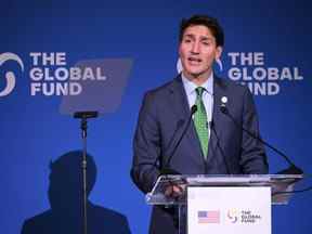Le premier ministre Justin Trudeau prend la parole lors de la septième conférence de reconstitution du Fonds mondial à New York, le mercredi 21 septembre 2022.