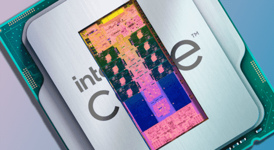 Intel Raptor Lake chip with die diagram edited beneath the heat spreader