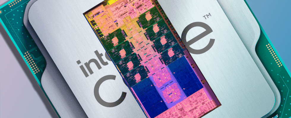 Intel Raptor Lake chip with die diagram edited beneath the heat spreader