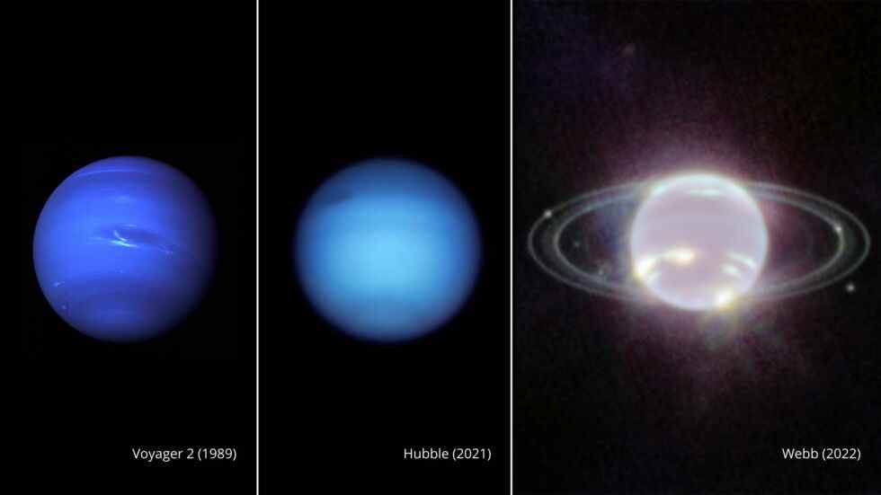 Comparaison des observations de Neptune par Voyager 2, le télescope spatial Hubble et JWST.