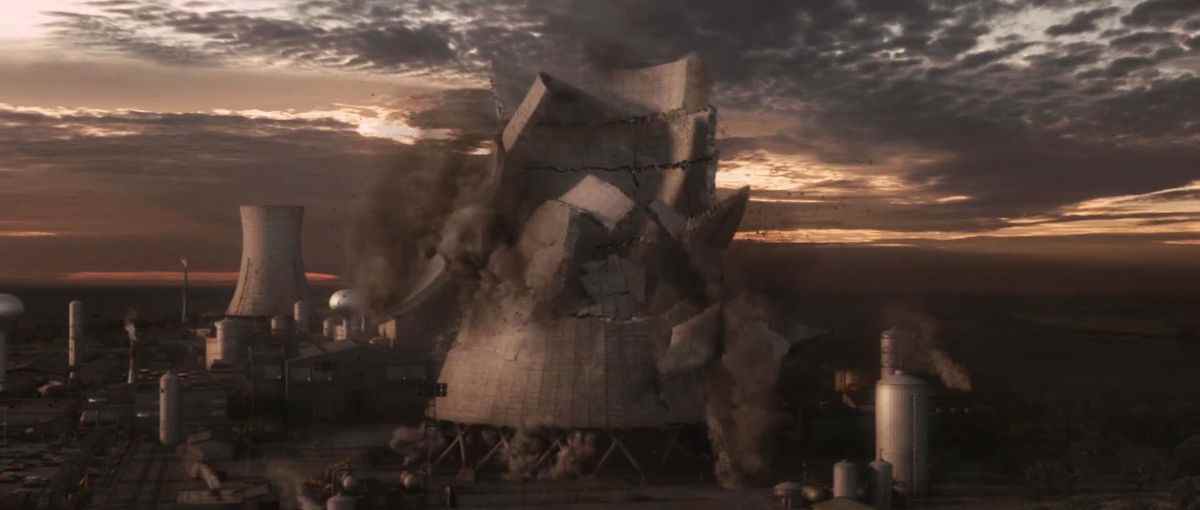 Découpée par l'inexplicable vision laser post-mort de Deadpool, la cheminée de la centrale nucléaire s'effondre dans X-Men Origins : Wolverine.