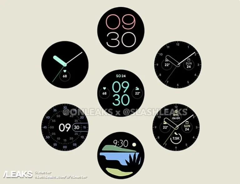 Fuite de l'image de la Pixel Watch de Google montrant certains des cadrans de la montre.