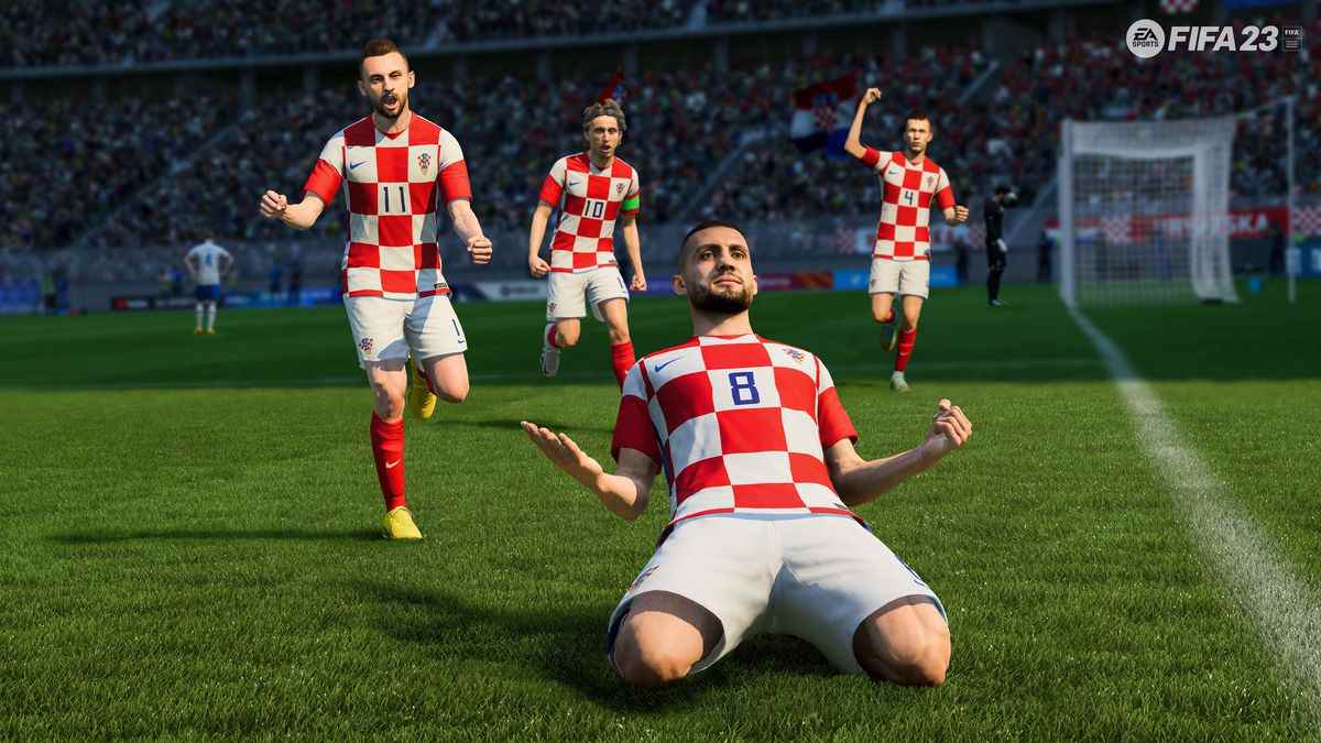 Le numéro 8 de l'équipe nationale de Croatie, dans ses maillots à carreaux rouges et blancs distinctifs, célèbre un but dans FIFA 23