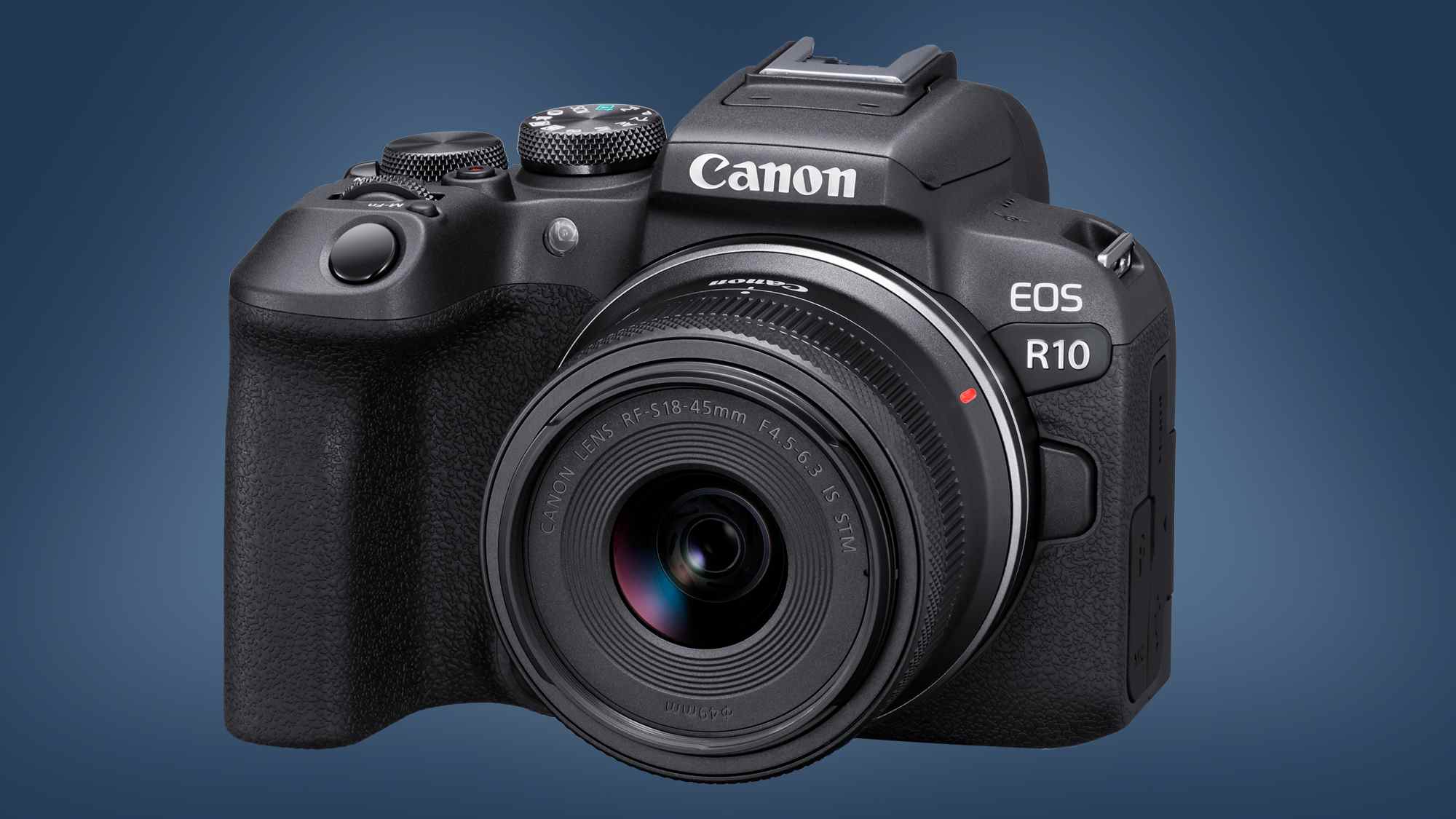 L'appareil photo Canon EOS R10 sur fond bleu