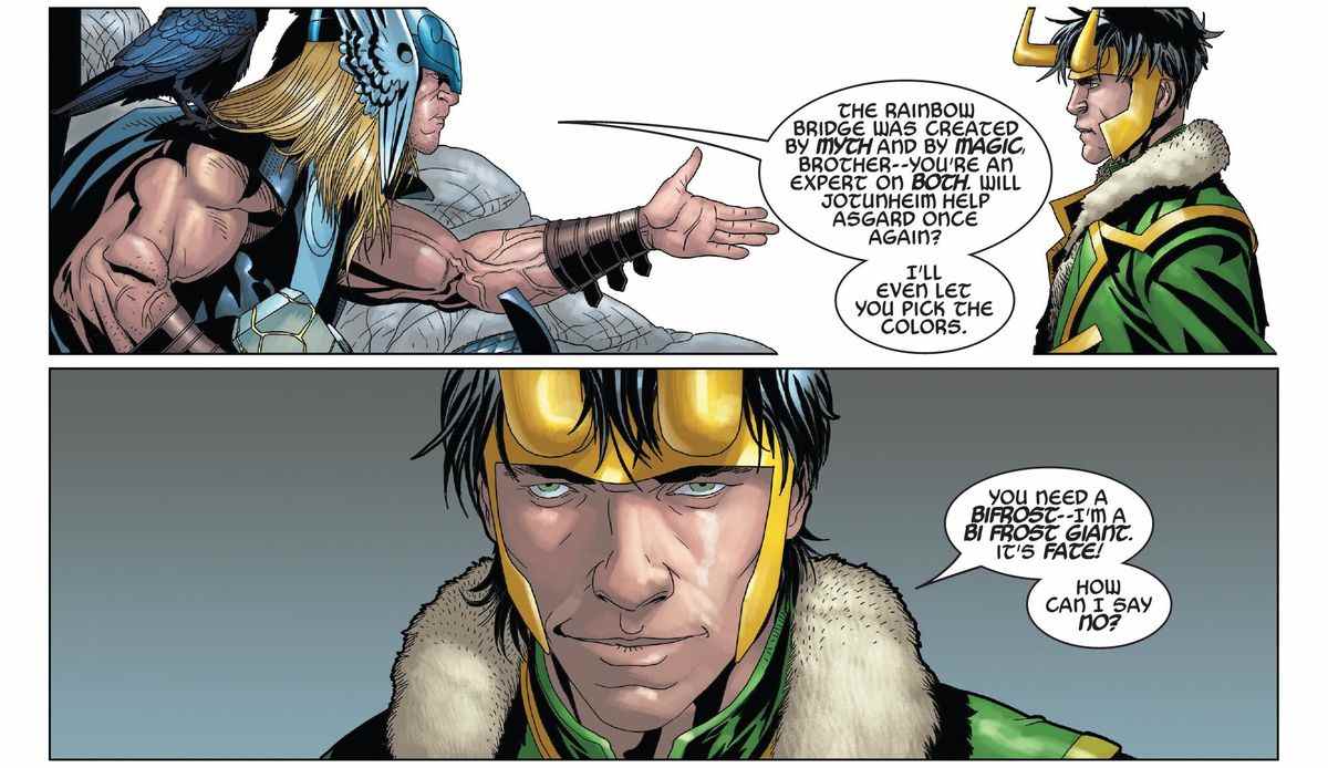 Thor explique qu'il a besoin de Loki pour aider à reconstruire le pont bifrost vers Asgard.  