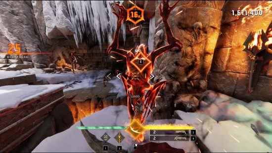 Test de Metal Hellsinger : un démon ennemi orange vif prêt à être abattu