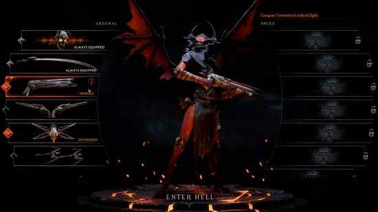 Revue Metal Hellsinger: l'écran de chargement où les joueurs choisissent des armes et des sceaux