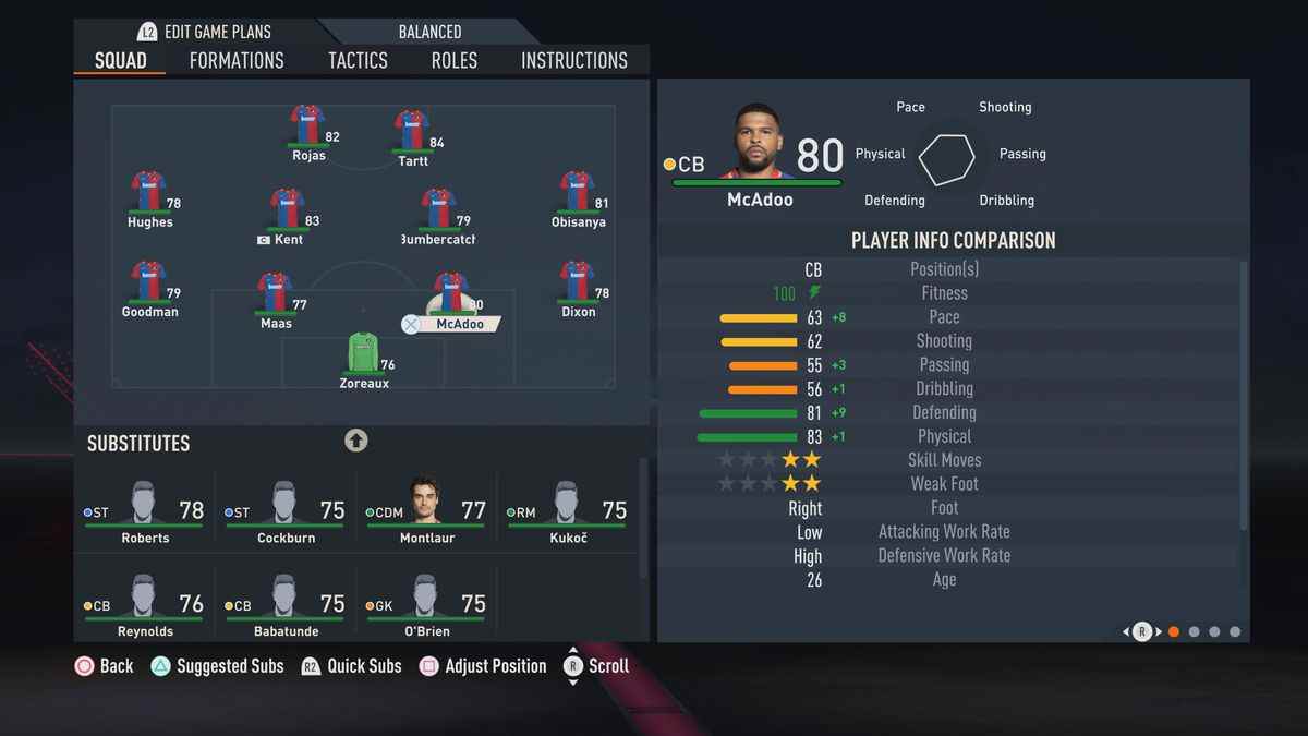 Écran de composition dans FIFA 23 mettant en lumière le joueur fictif Isaac McAdoo, un arrière classé 80 au total.