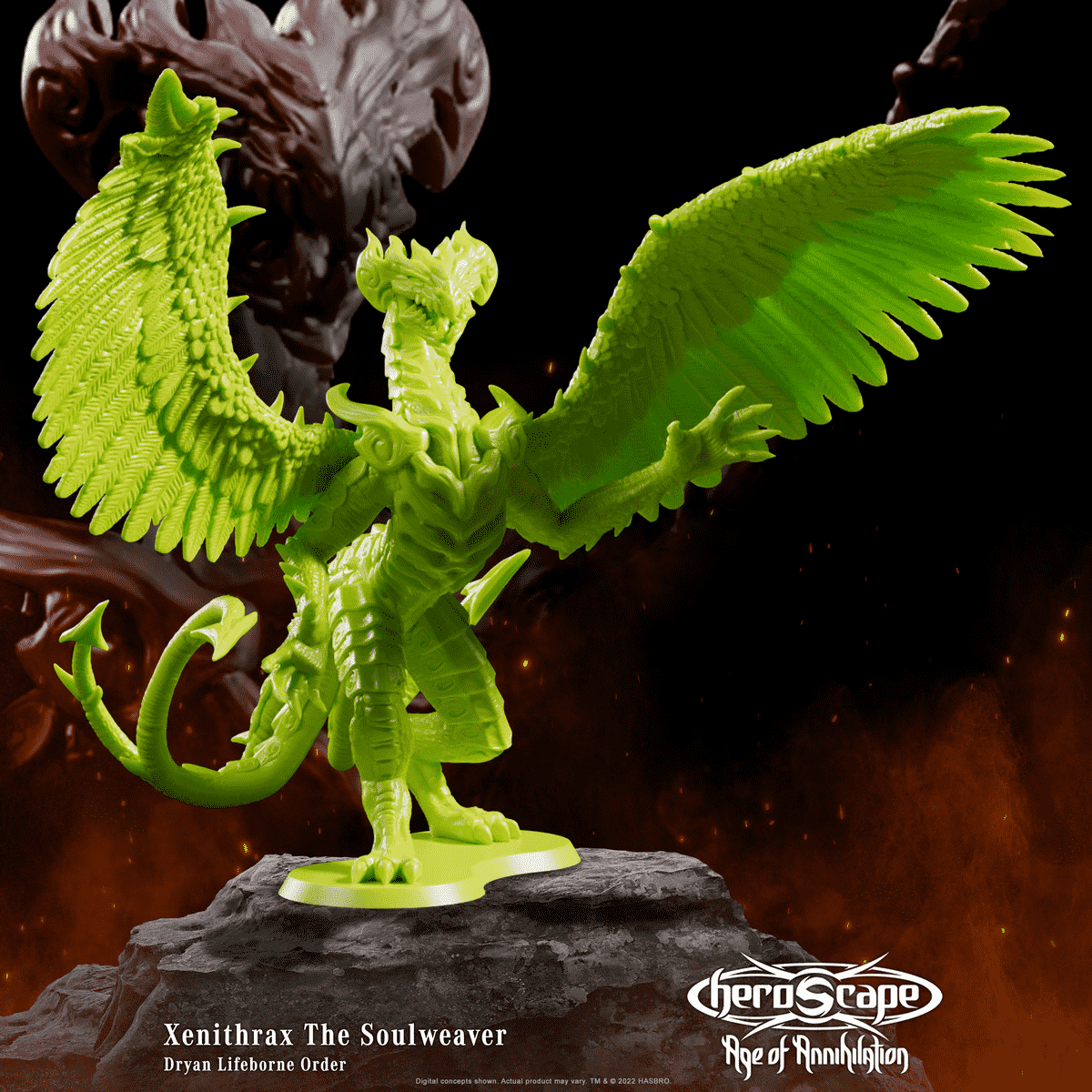 Xenithrax The Soulweaver est un dragon blindé géant debout sur deux jambes, ses ailes déployées.