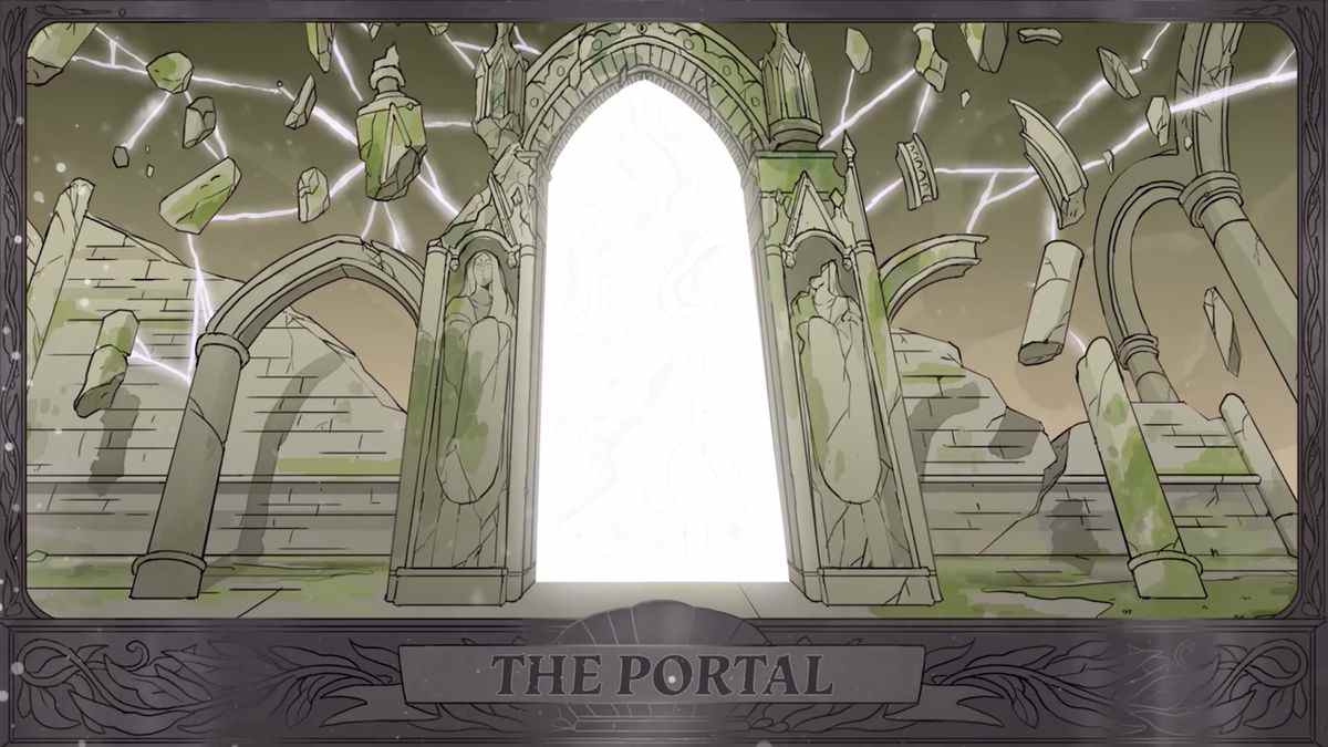 Un portail repose sur de l'herbe verte, une arche brisée et une arche solide l'étayant.  La foudre remplit l'air et des morceaux disparates d'un plus grand temple flottent au milieu d'une grille d'éclairs magiques.
