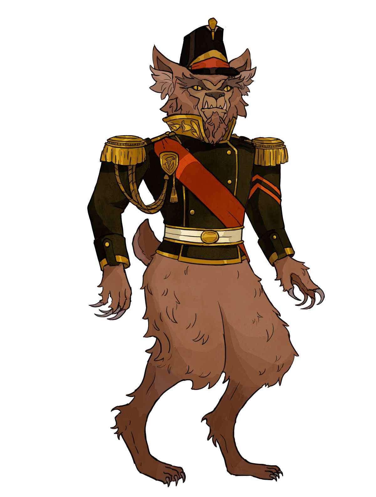 Un hibou habillé en tenue militaire.  Ses griffes sont immaculées, tout comme sa ceinture rouge.  Il n'a pas de pantalon.