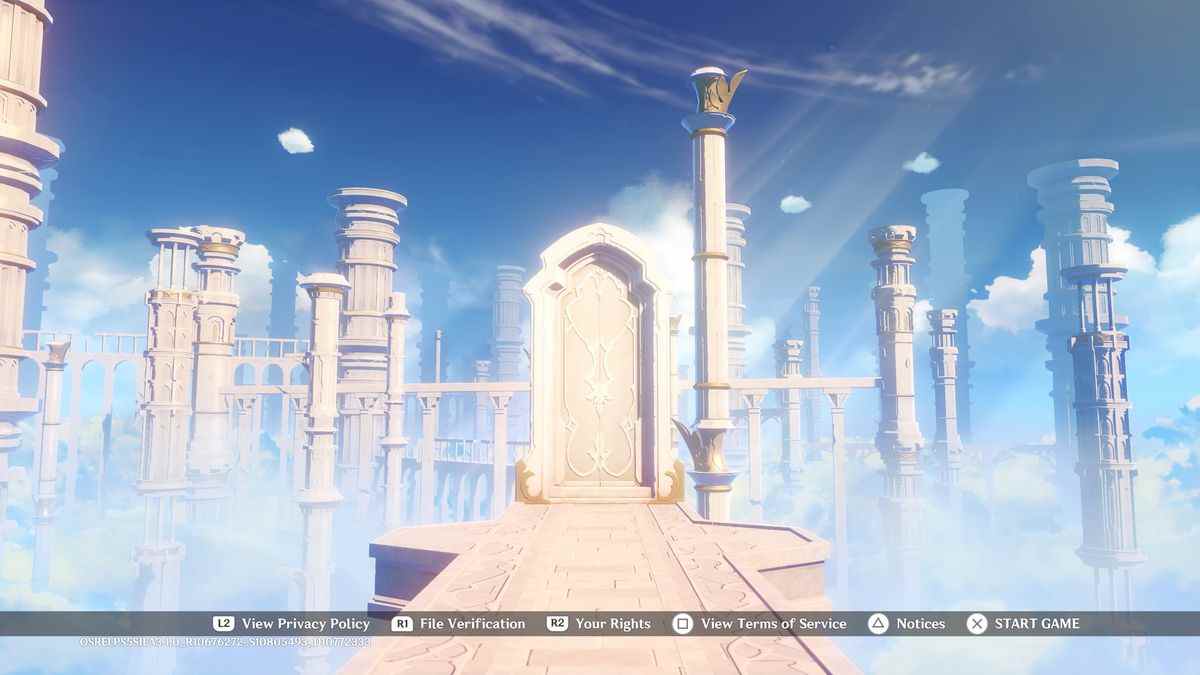 Une image de l'écran d'ouverture de Genshin Impact.  Il ressemble à une porte en pierre dans un pays des merveilles céleste rempli d'autres architectures classiques imposantes sur un ciel bleu.