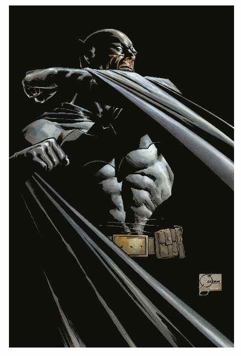 Une illustration de Batman par l'artiste Joe Quesada, représentant le personnage sur un fond noir, soulevant de façon spectaculaire sa cape sous son menton alors qu'il fait face au côté droit de la page.