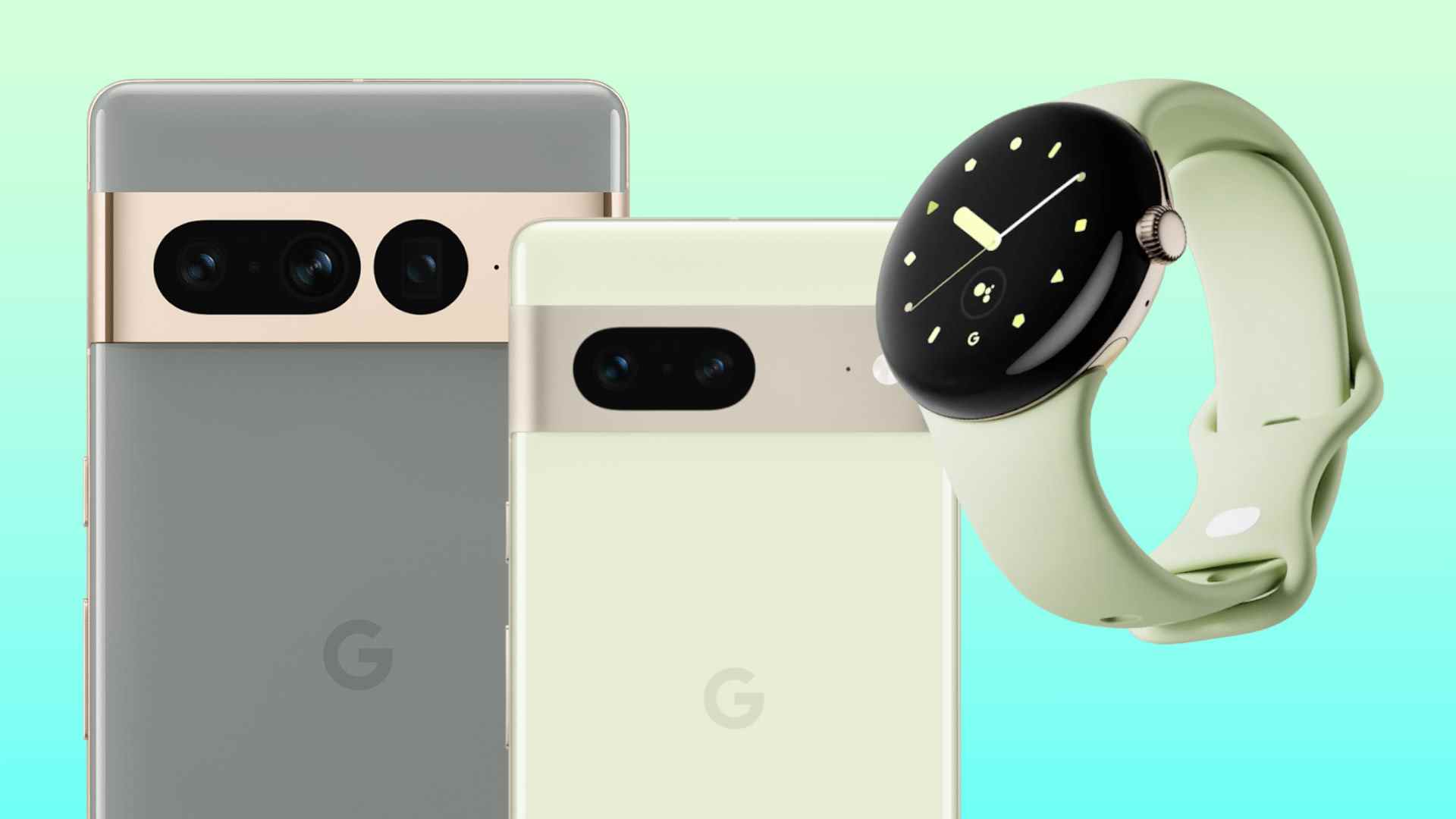 Les téléphones Google Pixel 7 et Pixel 7 Pro et la Google Pixel Watch sur fond vert-bleu