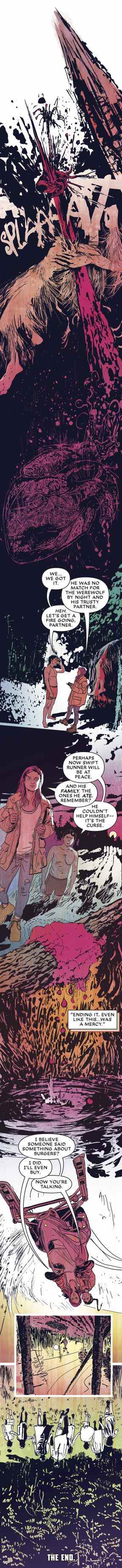 Jake et Molly s'éloignent au coucher du soleil après avoir posé le Wendingo pour se reposer dans Marvel Infinity's Werewolf by Night.
