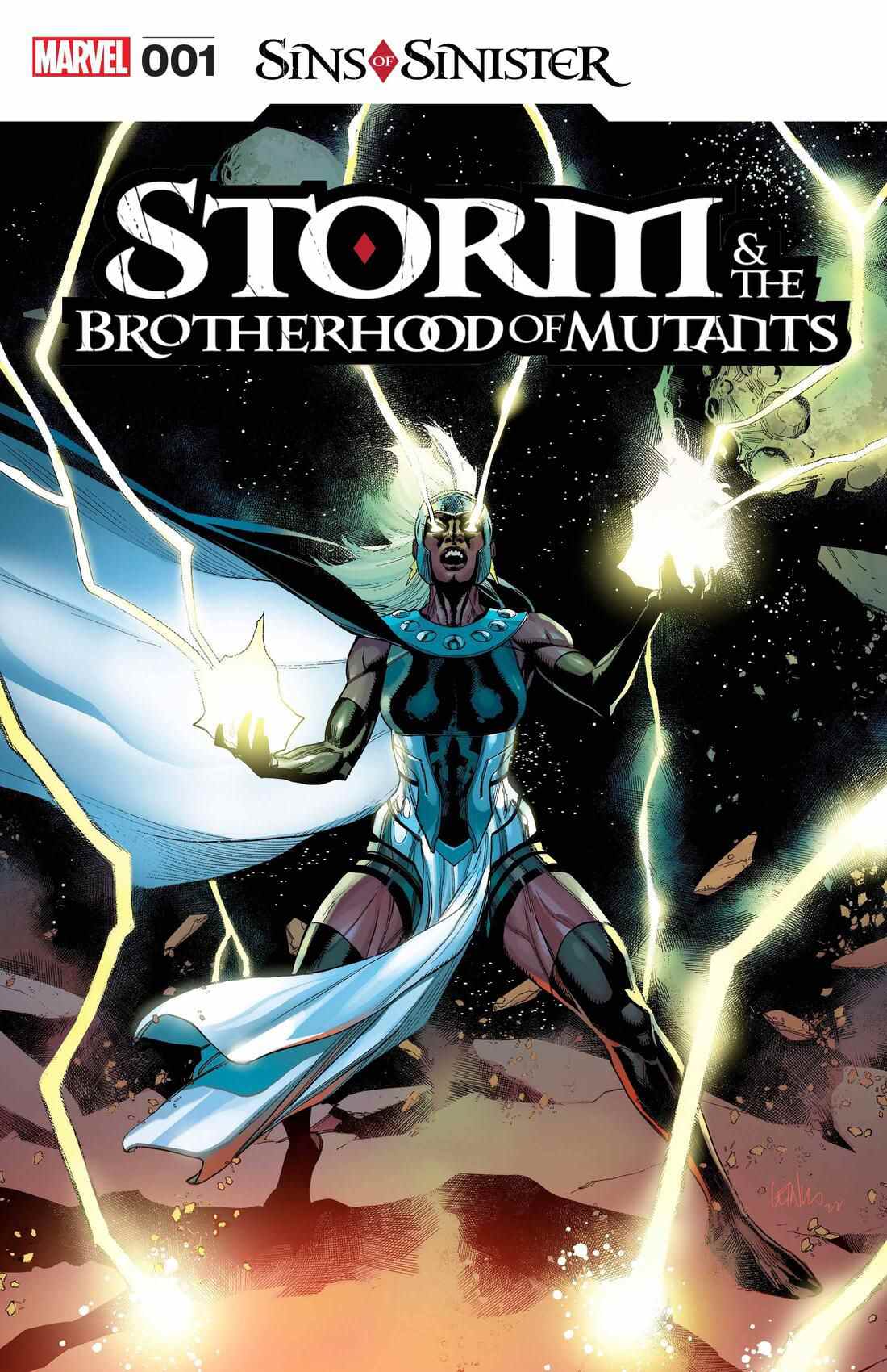 Storm, vêtue d'un costume de type Magneto, fait rage avec des éclairs tout autour d'elle sur la couverture de Storm &  la Confrérie des Mutants #1 (2023). 