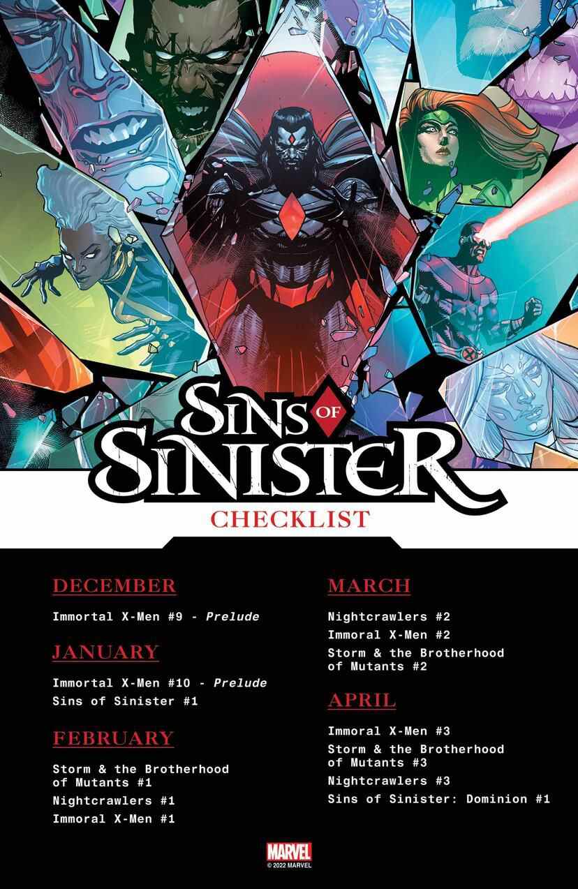 Une liste de contrôle pour toutes les bandes dessinées impliquées dans le crossover Sins of Sinister. 