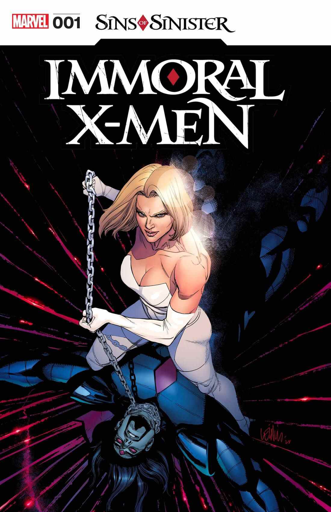 Emma Frost se tient au-dessus de Mister Sinister et l'étouffe avec une chaîne sur la couverture de Immoral X-Men # 1 (2023). 