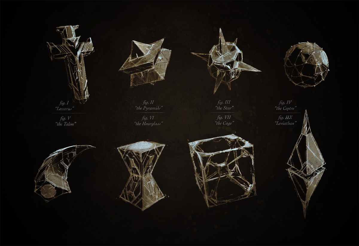 Plusieurs conceptions en cours pour la boîte de puzzle dans Hellraiser (2022), y compris une croix, une pyramide et une sphère avec des pointes.