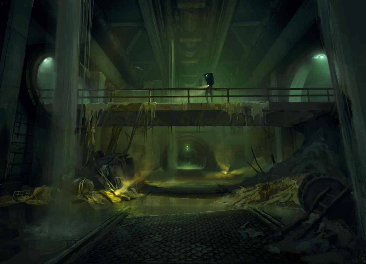 Peinture de concept de couleur montrant une grande pièce dans un égout souterrain, avec un personnage solitaire portant une lampe de poche debout au centre d'une passerelle au-dessus de l'égout.
