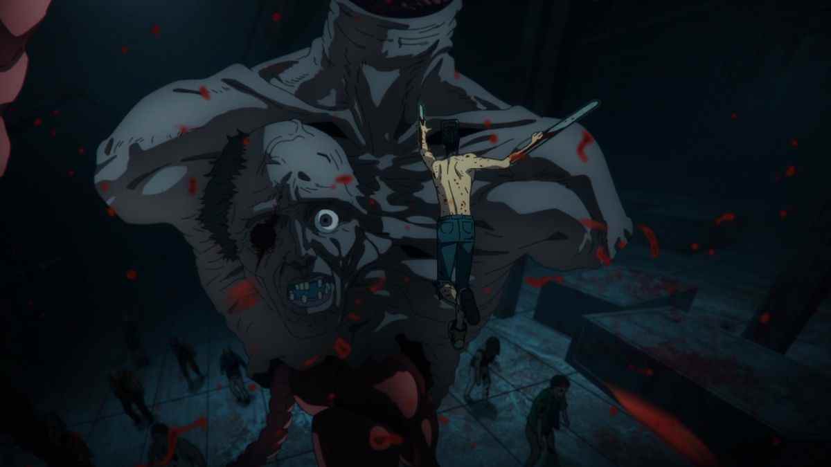 Un homme avec une tête et des bras de tronçonneuse orange bondit vers une tête de zombie flottante géante entourée d'une poitrine et d'un torse sans bras.