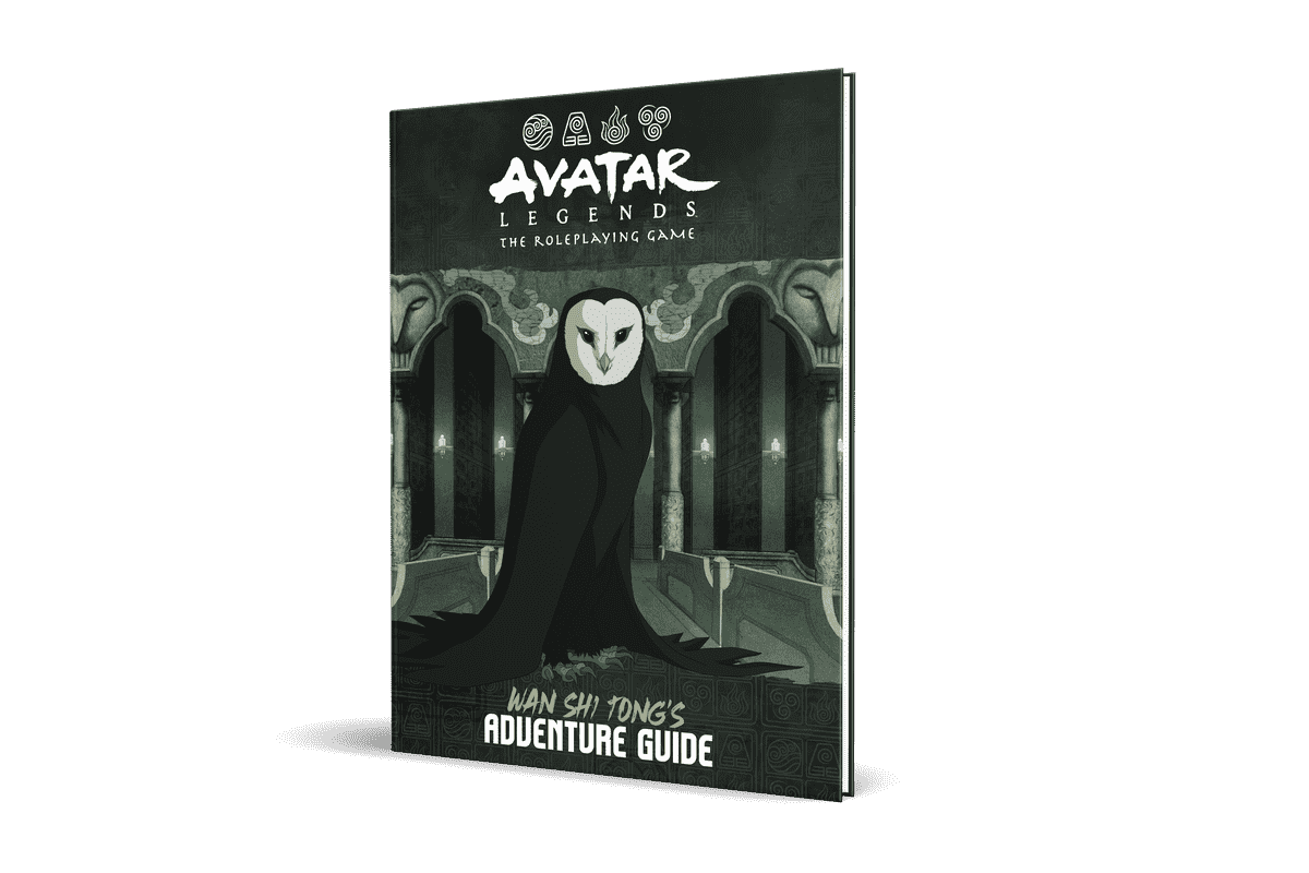 Une image montrant le guide d'aventure Wan Shi Tong, qui fait partie d'Avatar Legends.  C'est un livre avec un grand hibou sur la couverture.