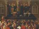 Une partie d'une peinture néerlandaise anonyme représentant l'exécution de Charles Ier, 1649. Alors que les représentations de l'exécution ont été supprimées en Angleterre, des représentations européennes comme celle-ci ont été produites, soulignant le choc de la foule avec des femmes évanouies et des rues ensanglantées.
