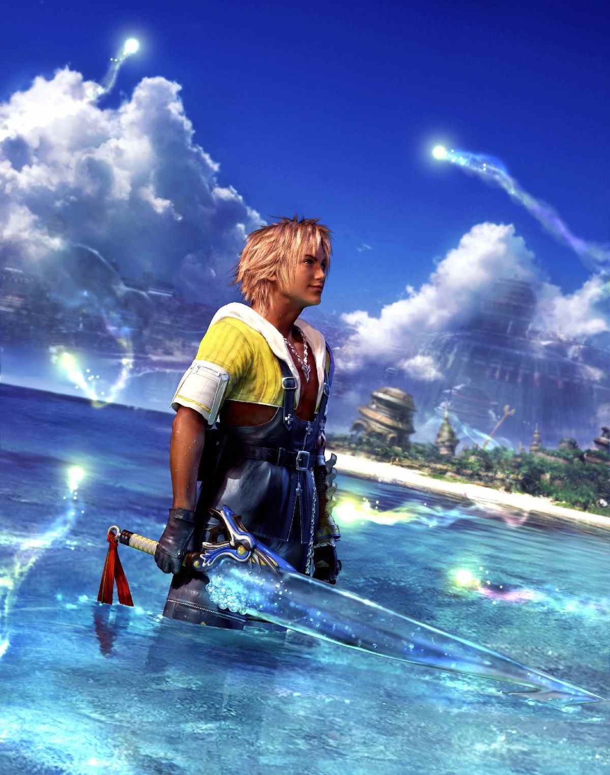 Tidus se tient dans l'océan tout en tenant une épée dans une œuvre d'art de Final Fantasy 10